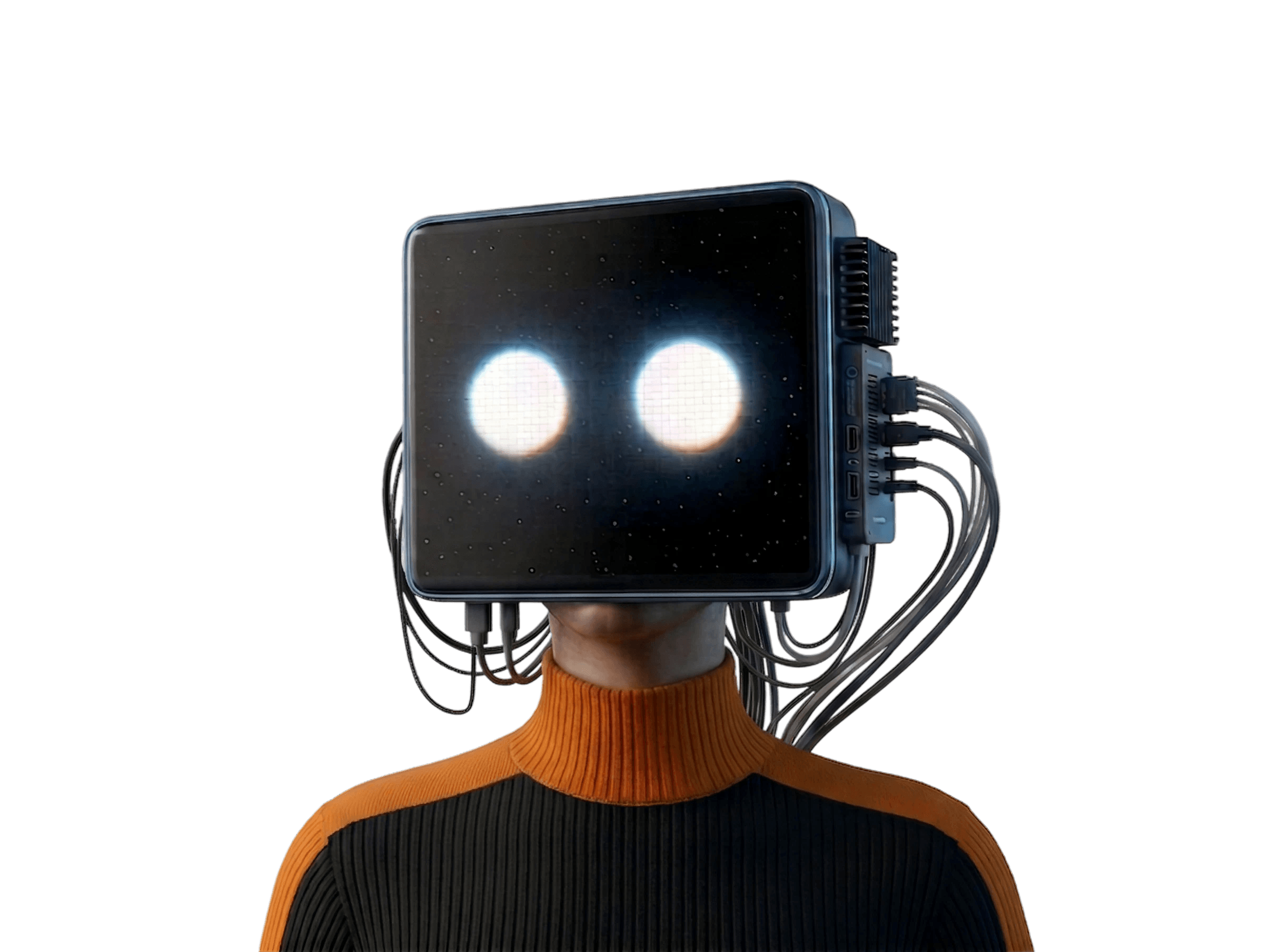 A person in an orange turtleneck whose head is a screen with two glowing eyes, wired with cables